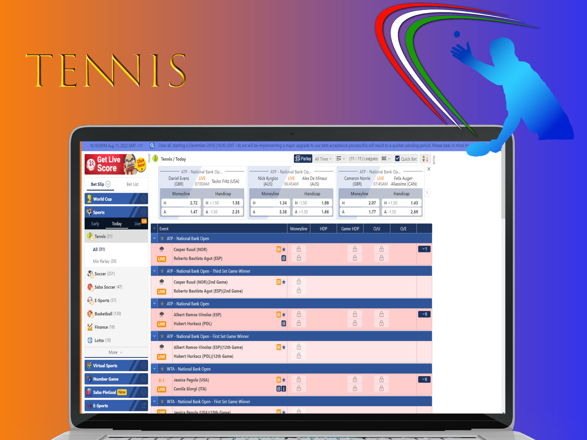 There are various markets on tennis betting and you can place bets on it.