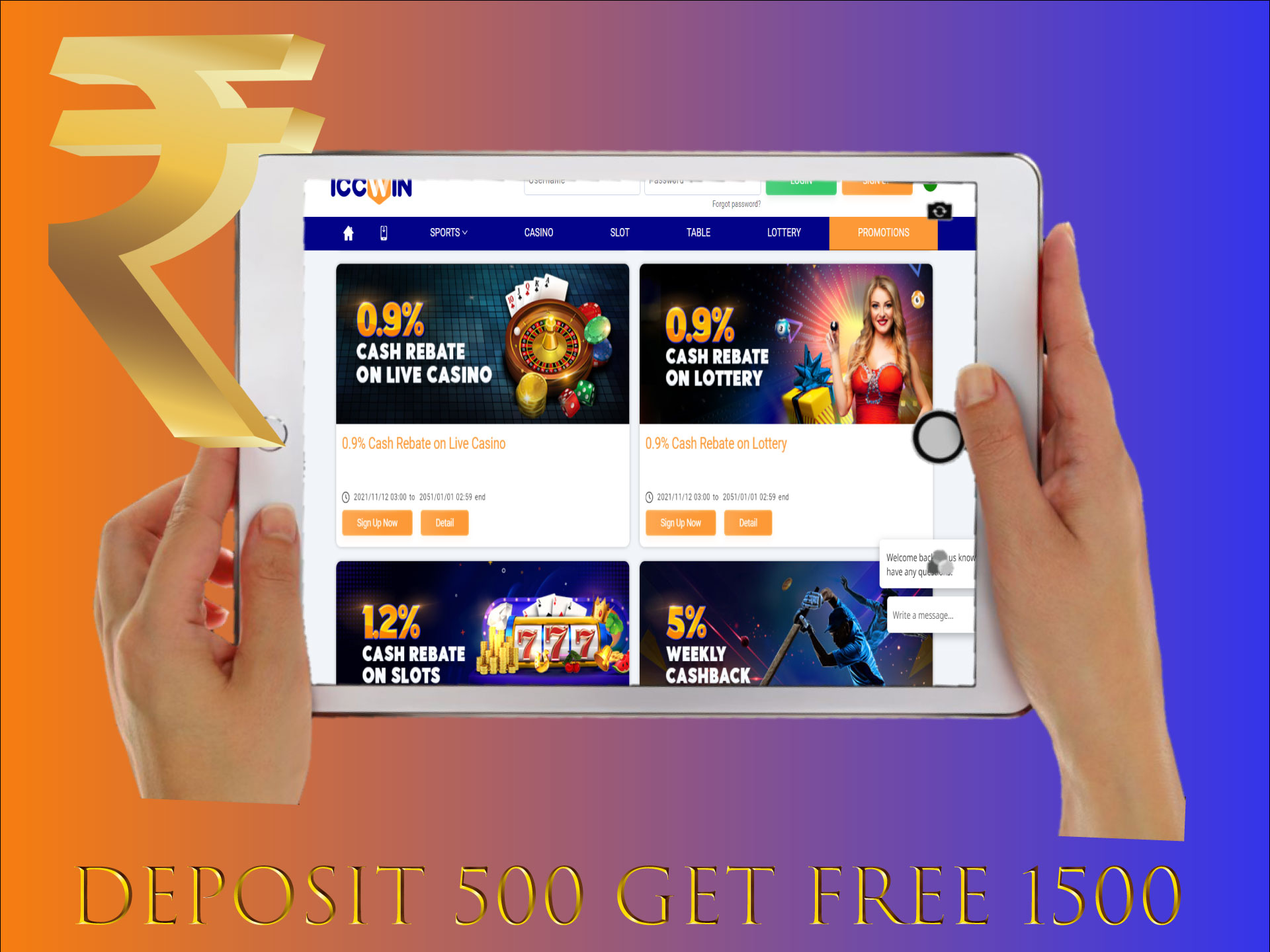 Use this bonus for playing slots in the ICCWIN online casino.