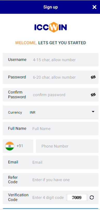 ICCWIN app registration form.
